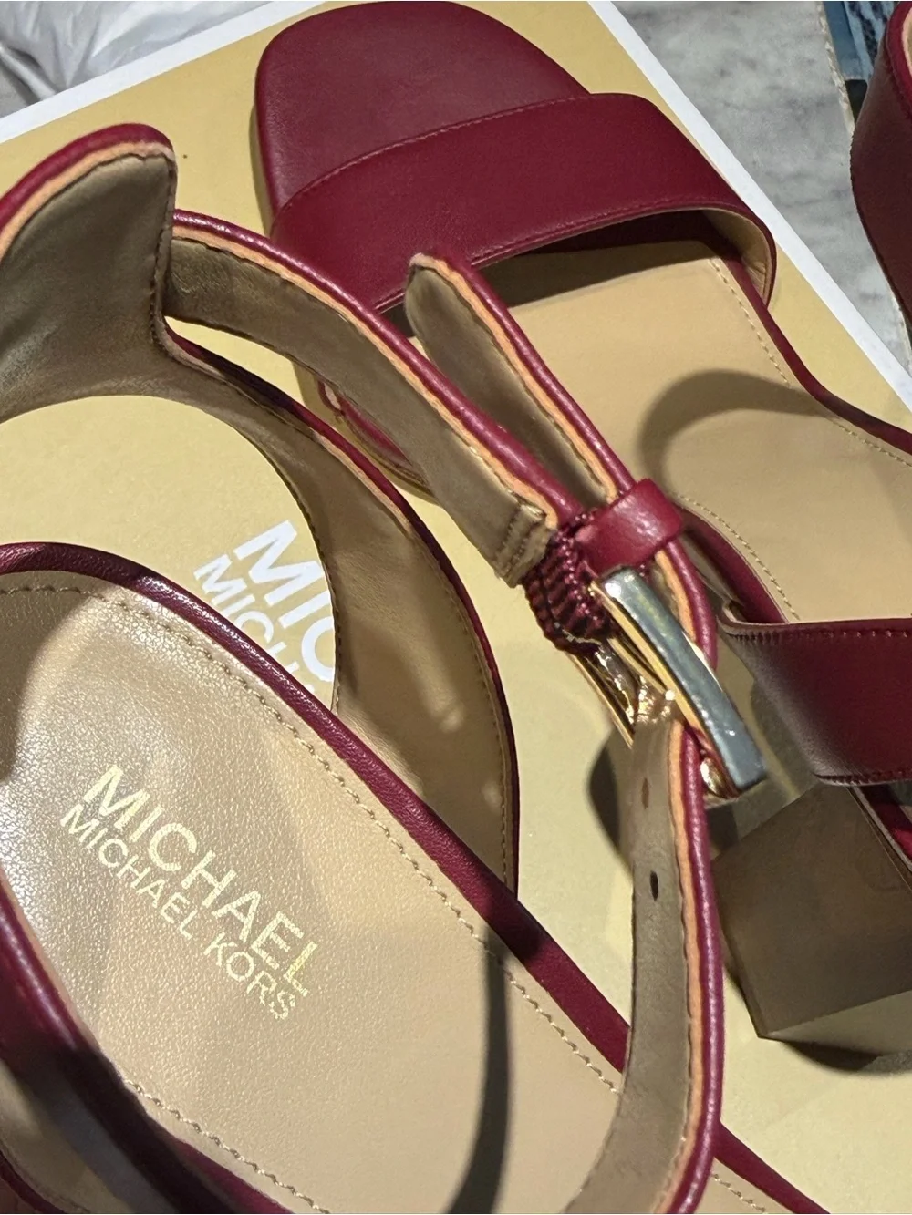 Michael Kors Burgundy Ankle-Strap Block Heel Sandals maroon color